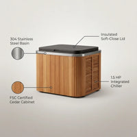 Cold Plunge Tub Built for Daily Recovery, 304 Stainless Steel Basin, 1.5 HP Chiller, FSC Cedar Cabinet — infographic